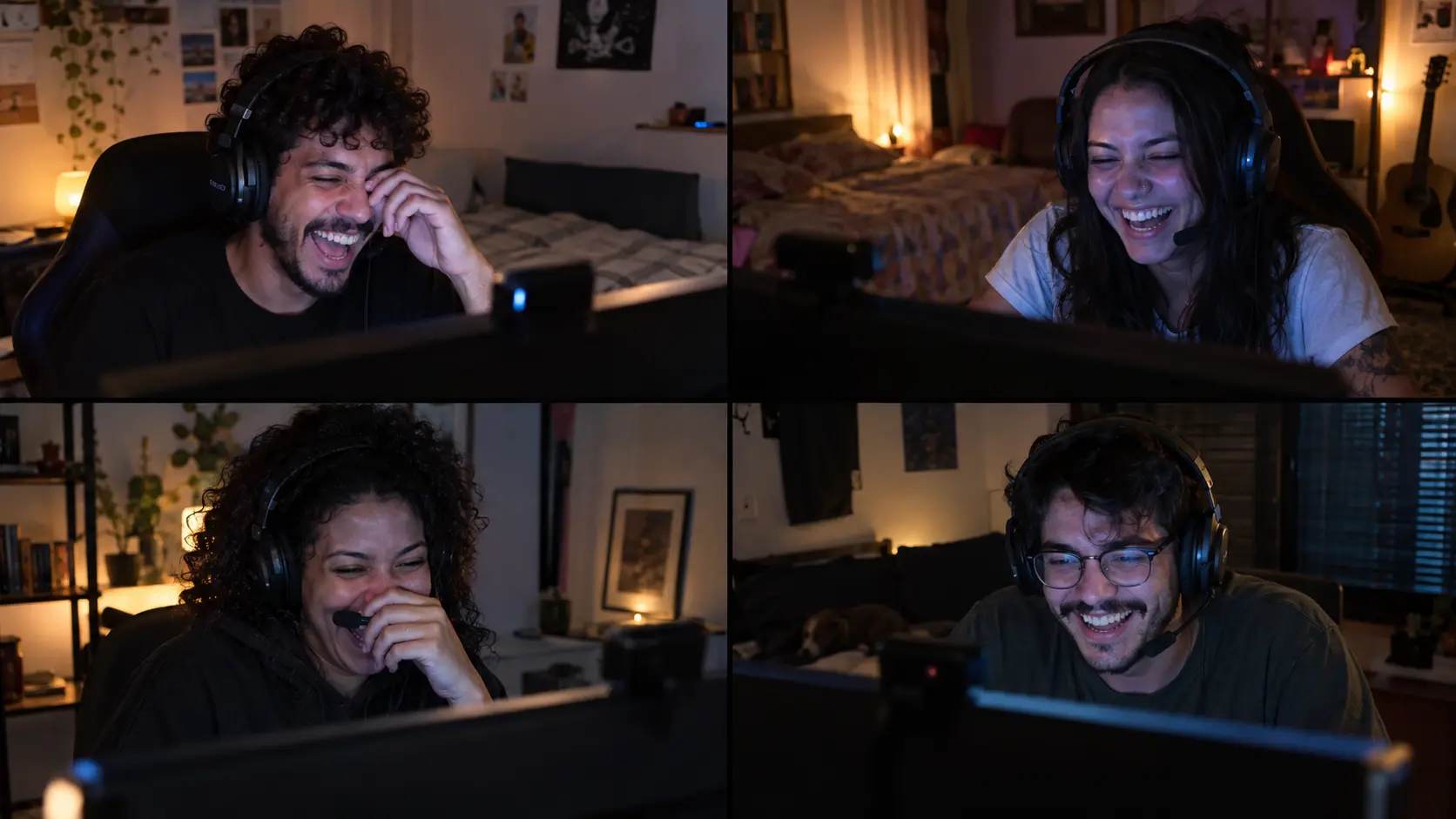 Quatro amigos em casas diferentes conversando online pelo computador